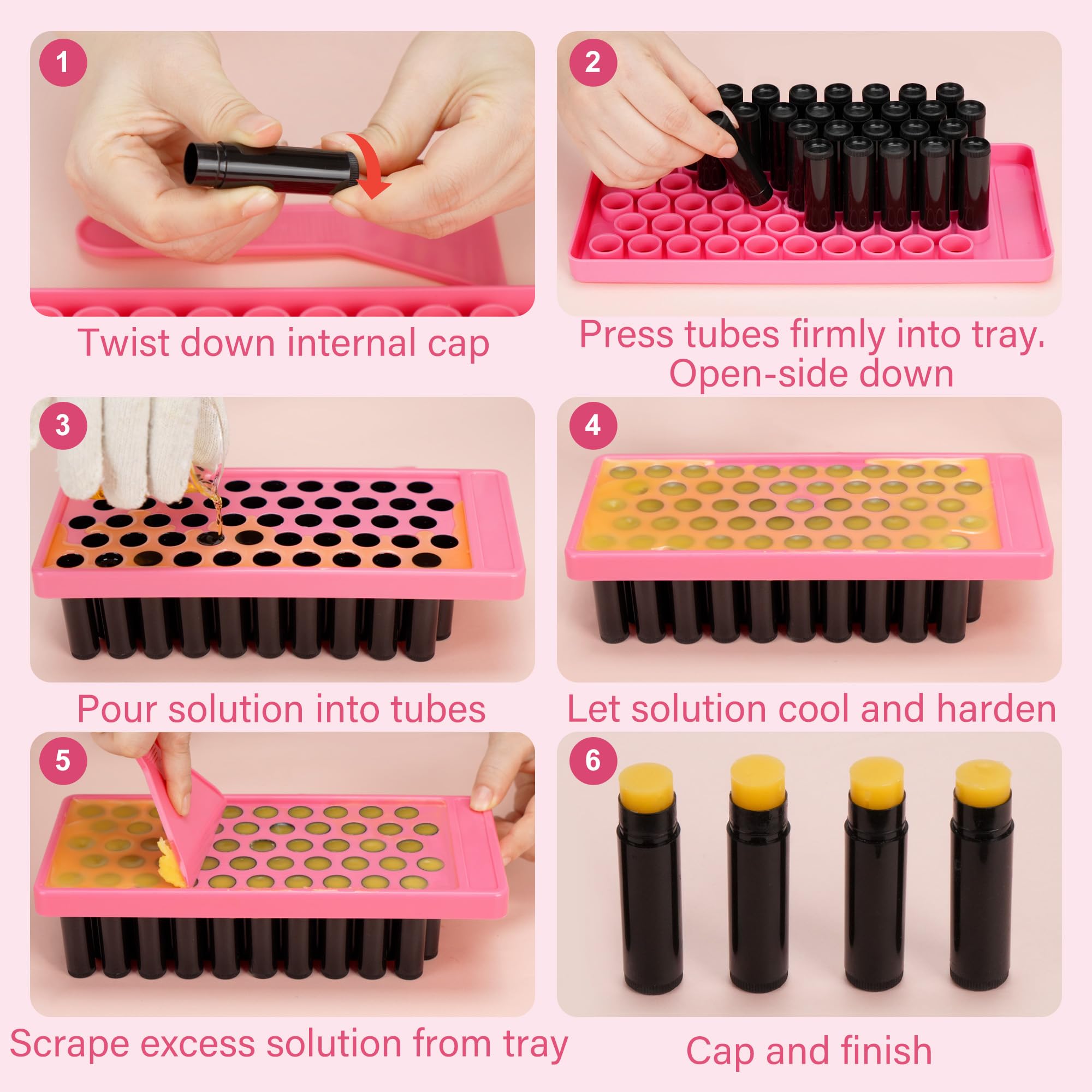 LotFancy twist mechanism lip balm tubes demonstrate easy push-up application.