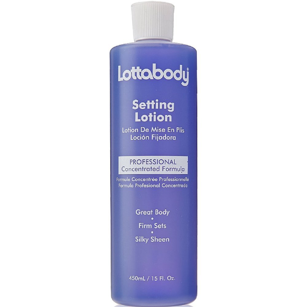 Lottabody Setting Lotion bottle closeup showing silky shine for smooth styling