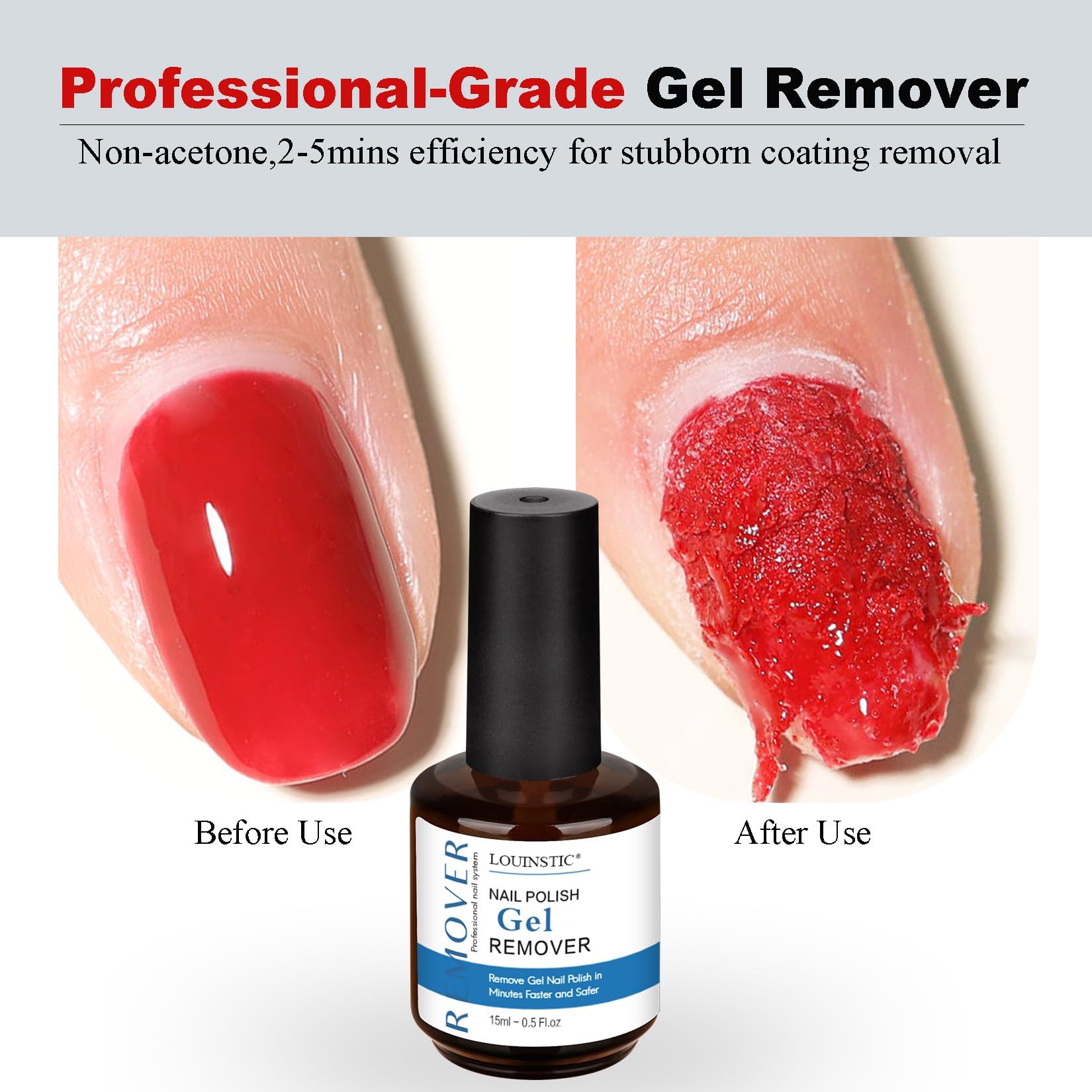 Louinstic 2-5 minute removal clock shows rapid gel polish removal.