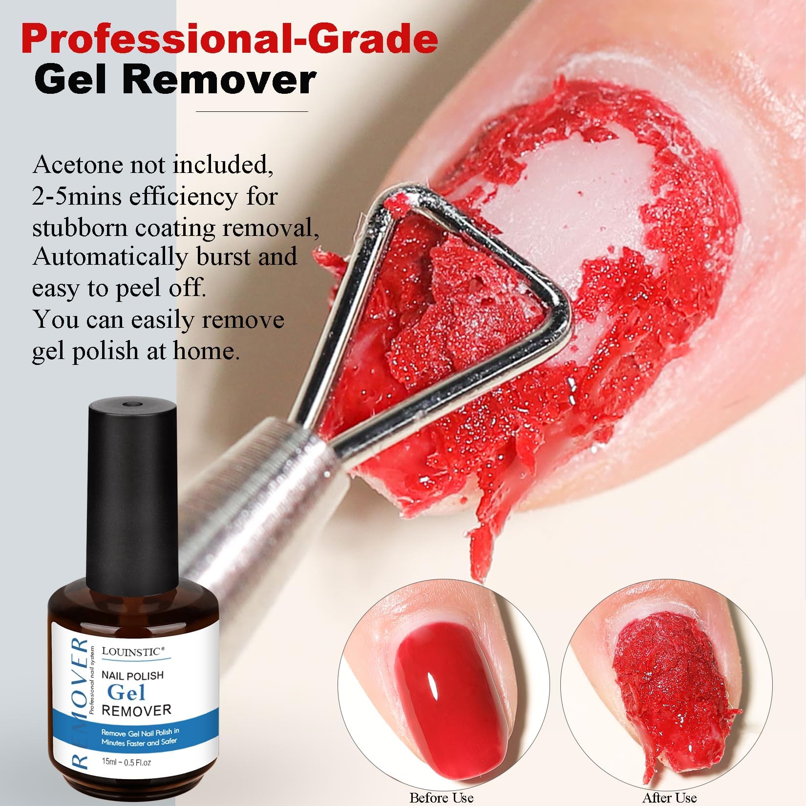 Louinstic acetone-free formula label emphasizes nail-friendly care.