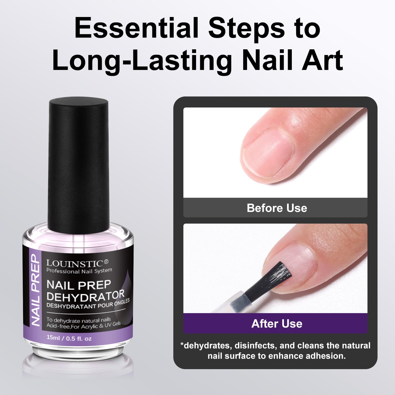 LOUINSTIC acid-free nail dehydrator in action with quick air-dry for faster nails.