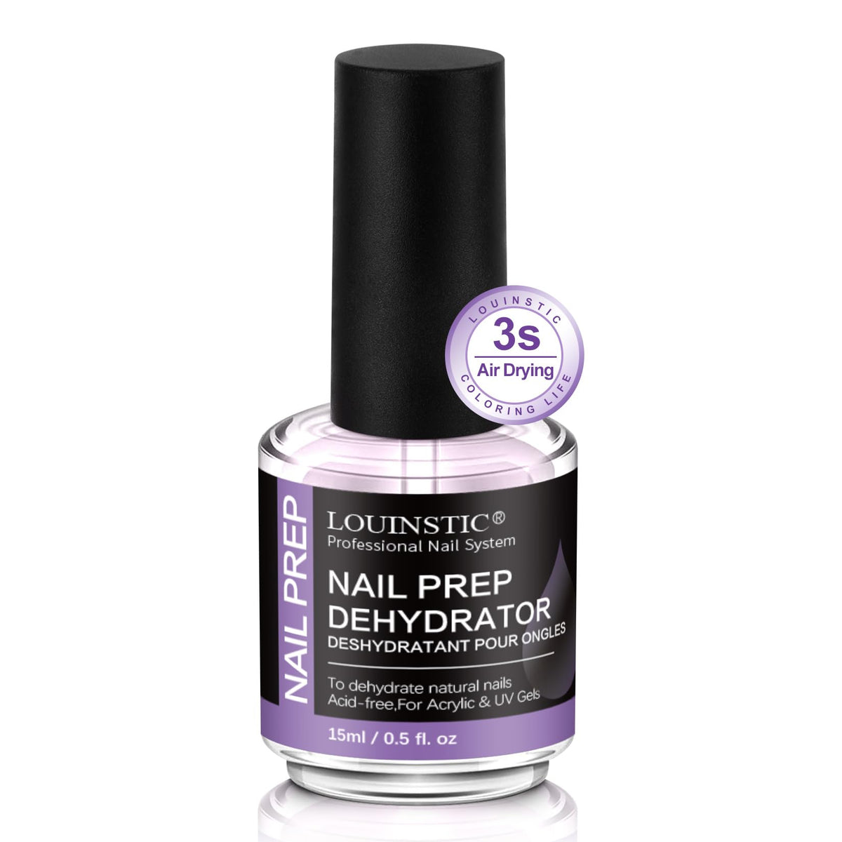 LOUINSTIC acid-free nail dehydrator bottle closeup supports clean bases for lasting adhesion.