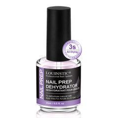 LOUINSTIC acid-free nail dehydrator bottle closeup supports clean bases for lasting adhesion.