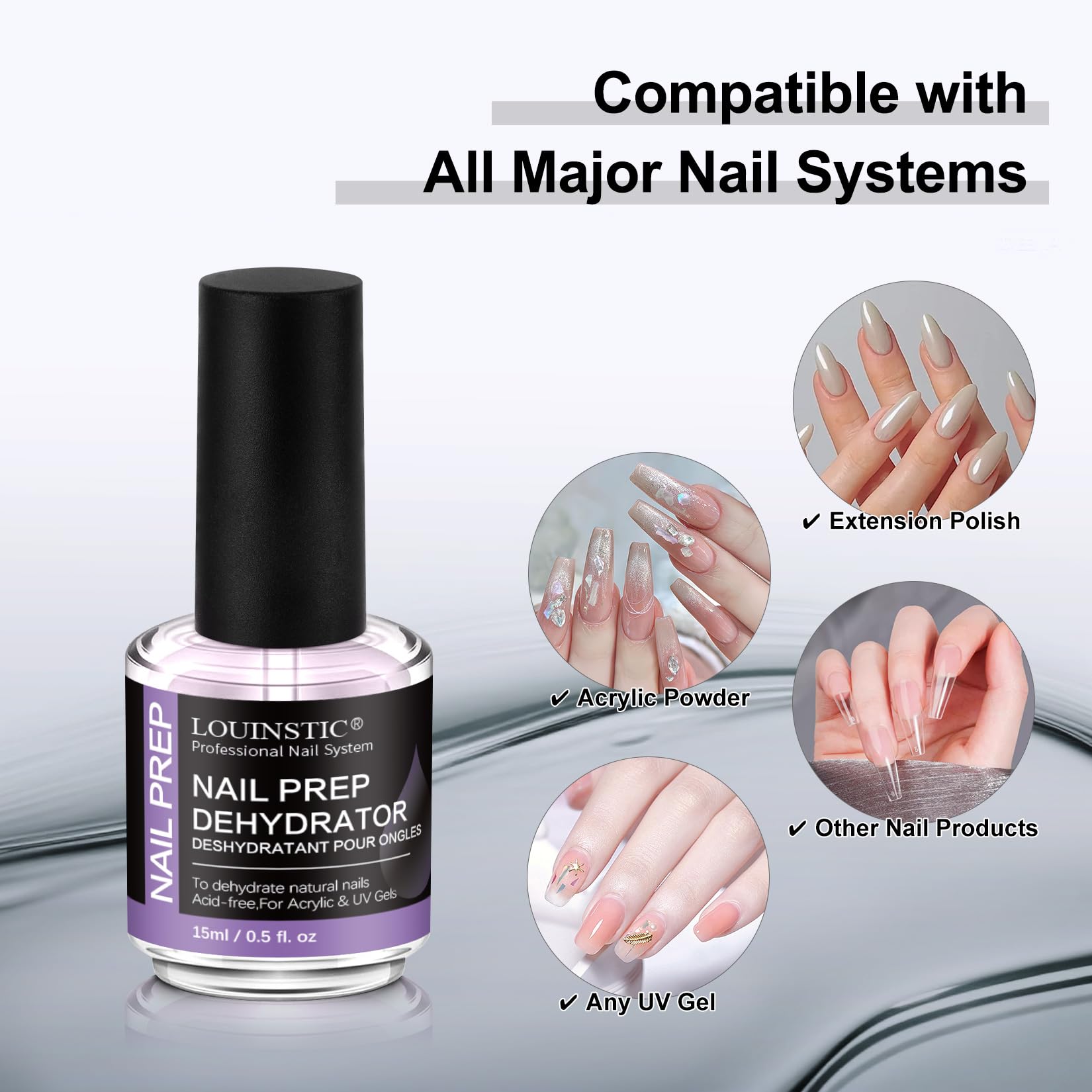 LOUINSTIC acid-free nail dehydrator compatibility with gel polish and acrylic systems.