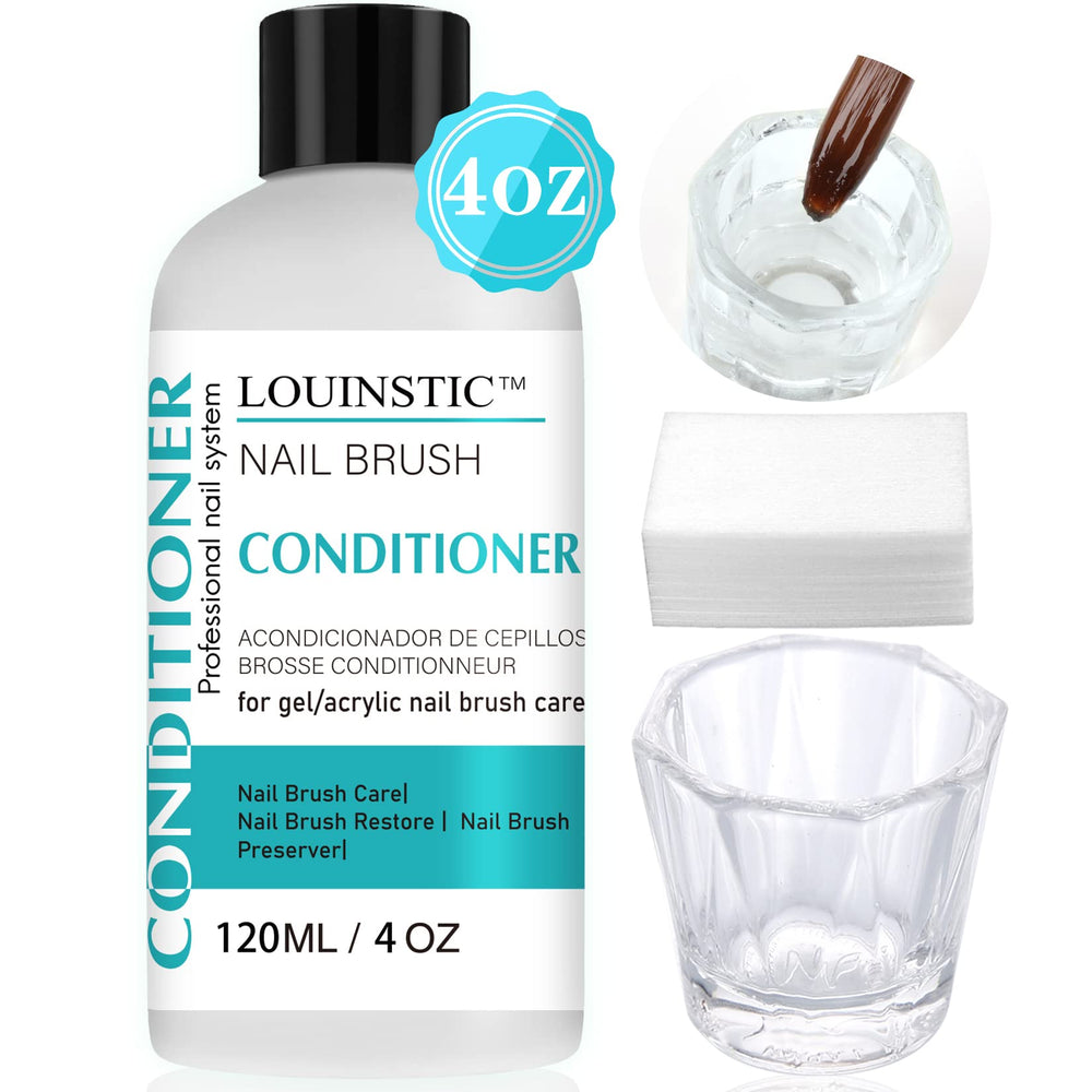 LOUINSTIC Acrylic Nail Brush Cleaner bottle demonstrates quick brush cleaning for glitter and gel residue removal.