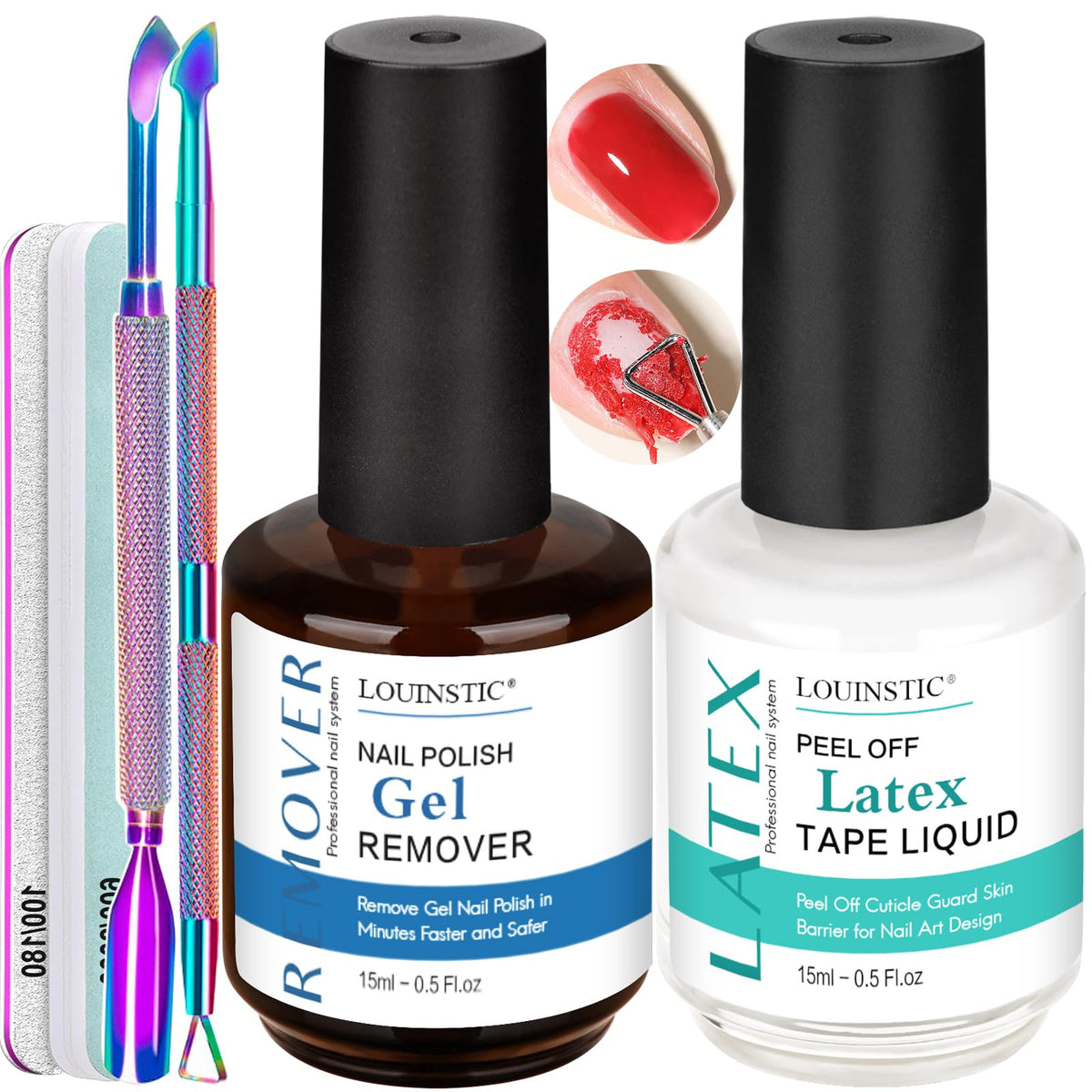 LOUINSTIC gel nail polish remover bottle demonstrates quick removal with minimal mess.