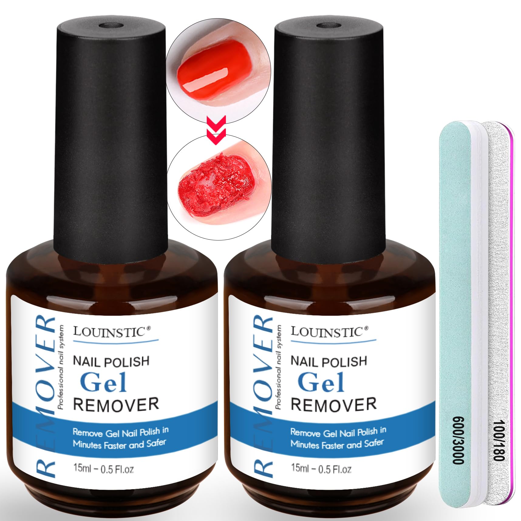 LOUINSTIC gel nail remover bottle closeup highlights acetone-free formula for gentle removal.