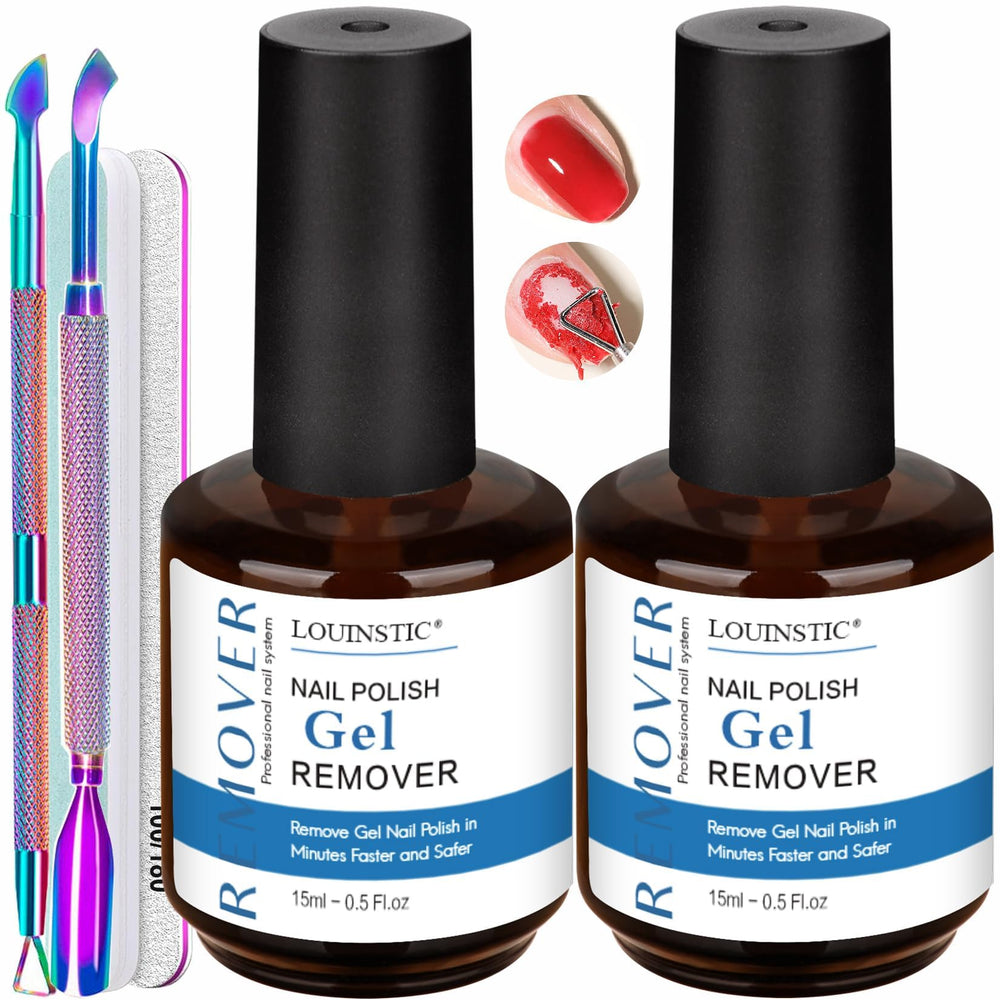 LOUINSTIC gel remover bottle closeup for fast gel removal at home.