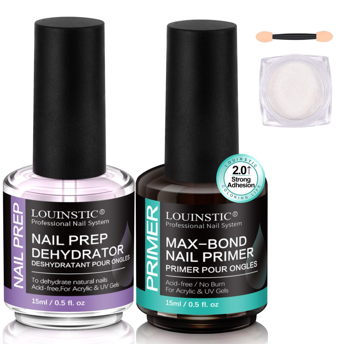LOUINSTIC nail dehydrator primer bottle setup for lasting adhesion.