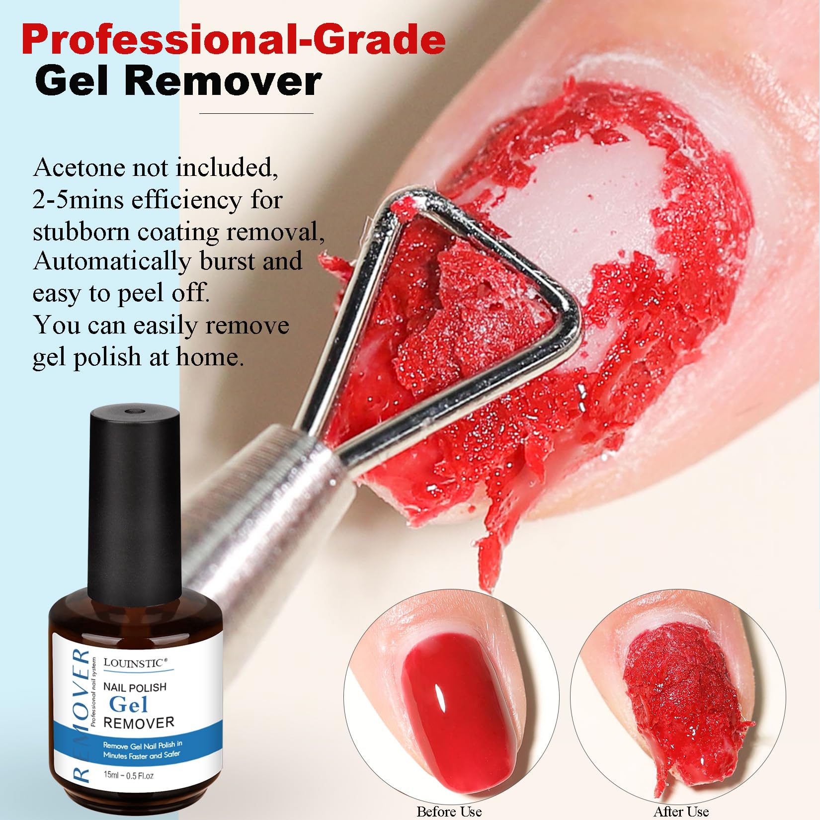 LOUINSTIC remover liquid is spread on the nail surface for polish softening