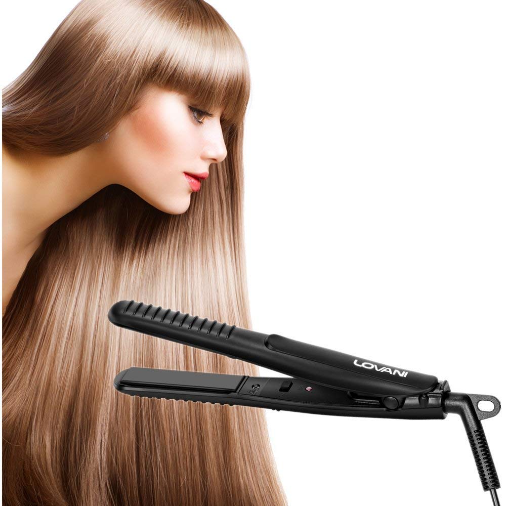 LOVANI mini flat iron compact 7.8 inch size ready for quick touch-ups.