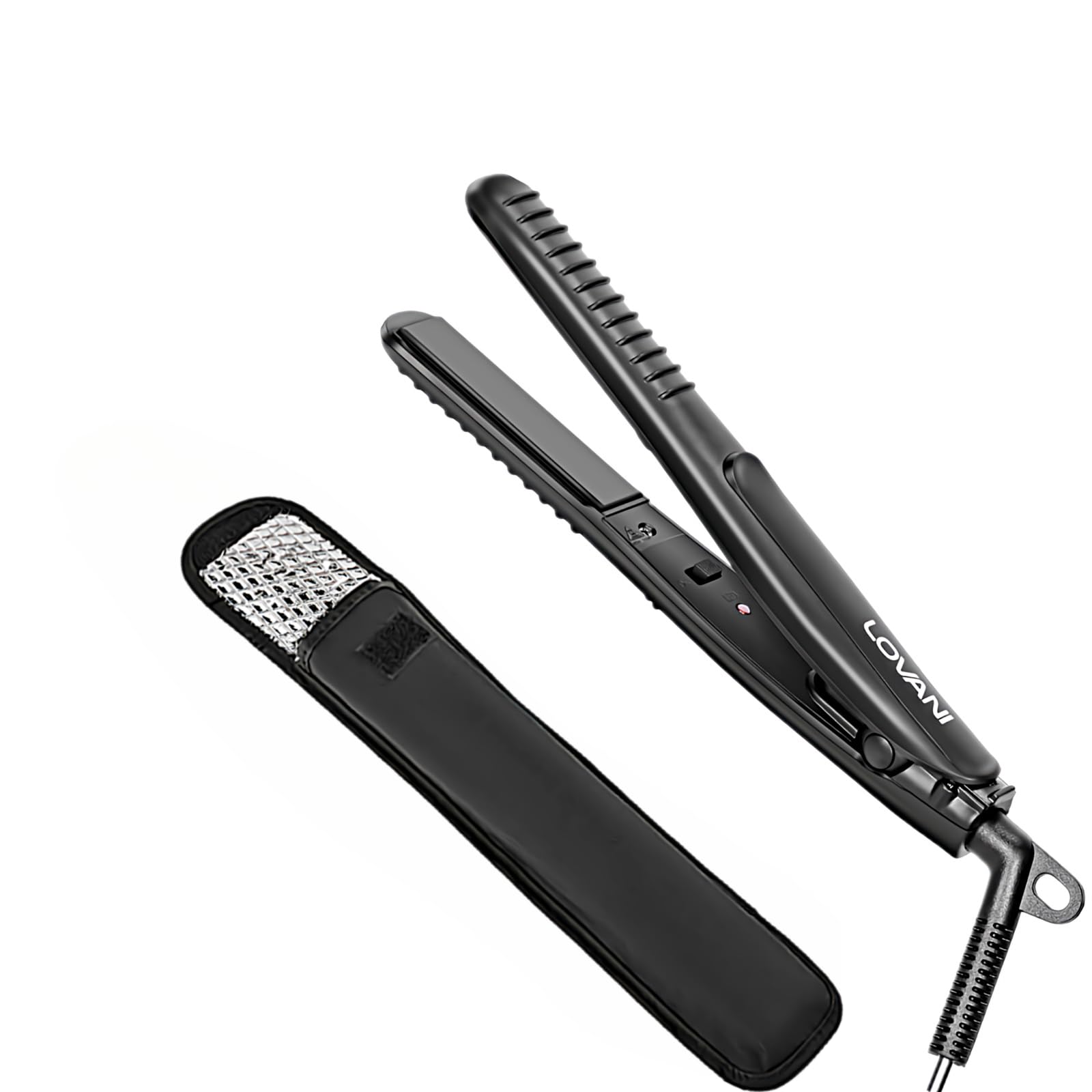 LOVANI mini flat iron—nano titanium plates close-up for smooth heat transfer.