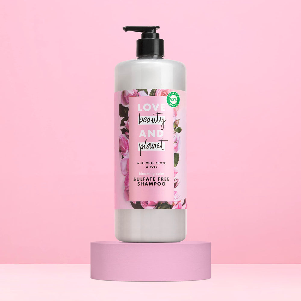 Love Beauty and Planet Blooming Color Shampoo eco-packaging emphasizing recycled bottle