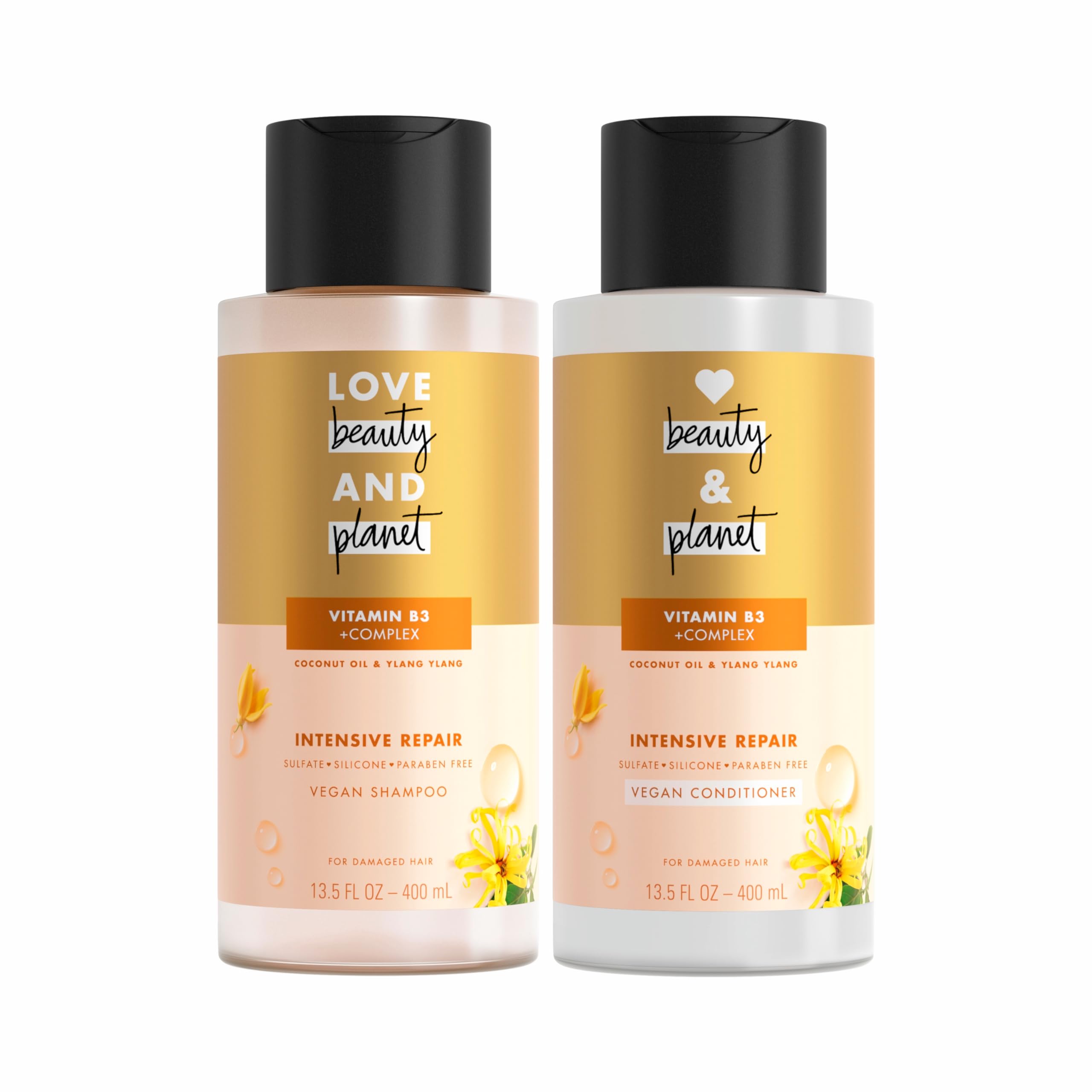 Love Beauty And Planet shampoo bottle shows coconut oil and ylang ylang for repairing dry hair.