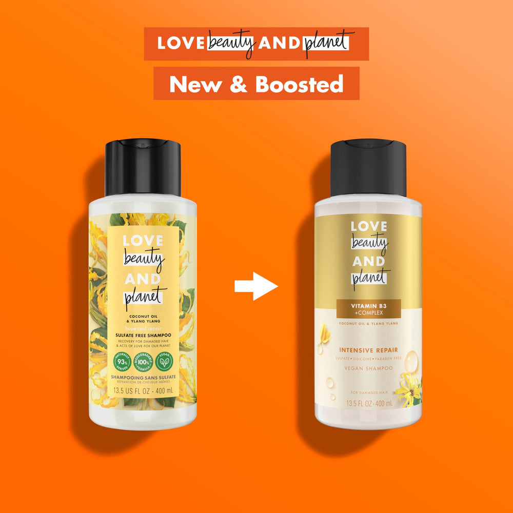 Love Beauty and Planet intensive repair conditioner bottle pairs with shampoo for stronger-care routine.