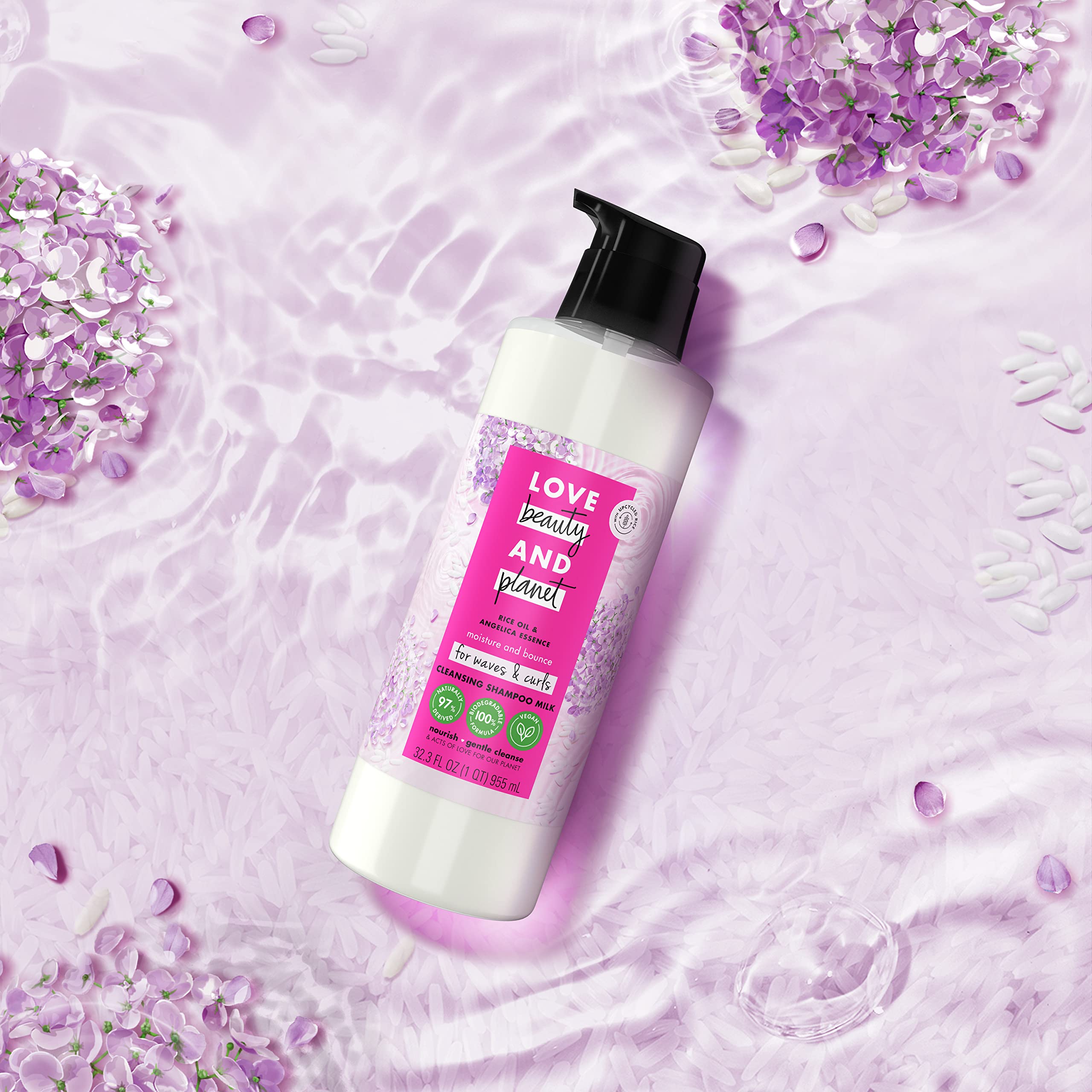 Love Beauty and Planet recycled-material bottle signals sustainability and responsible packaging.