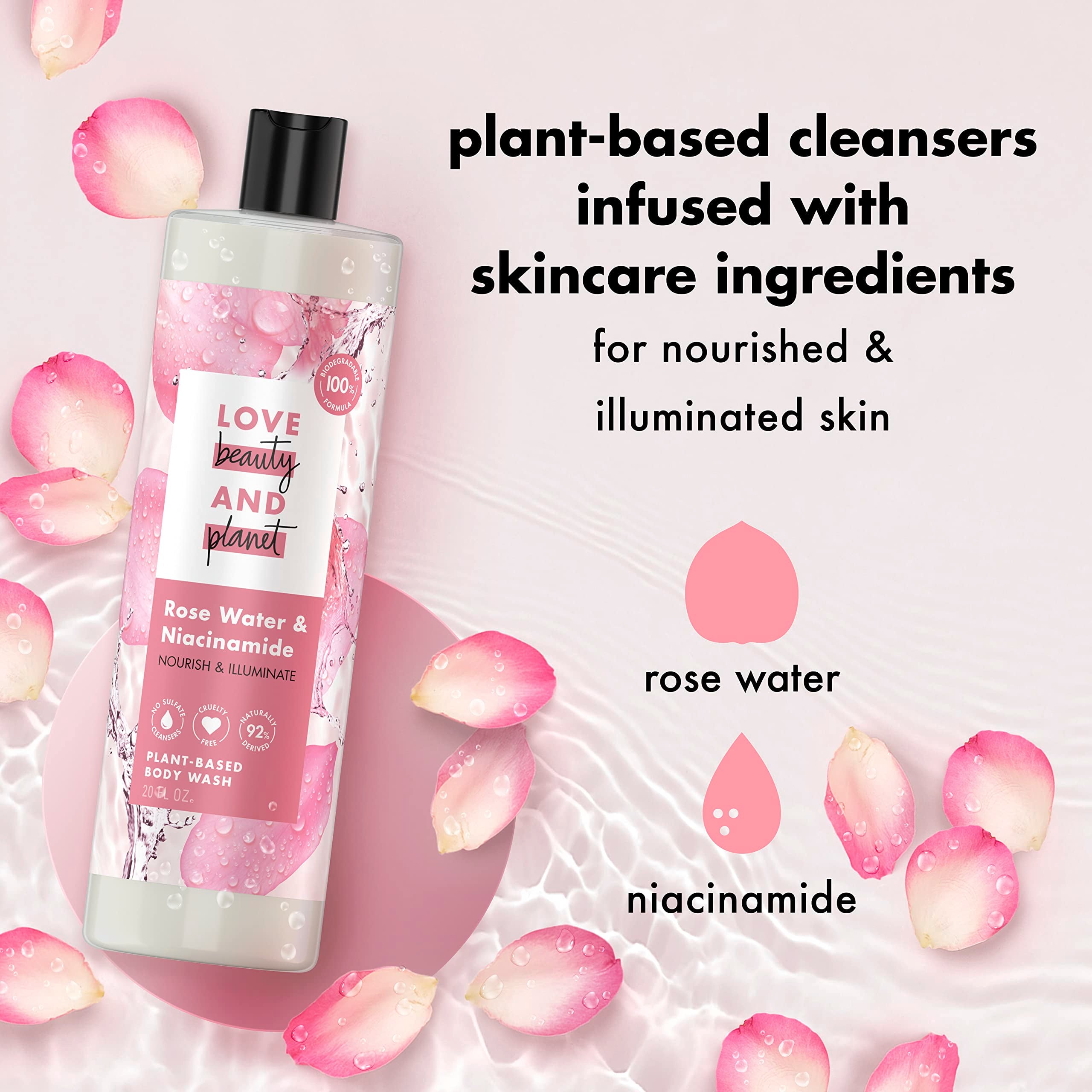Love Beauty and Planet rose water aroma in shower scene conveys spa-like scent