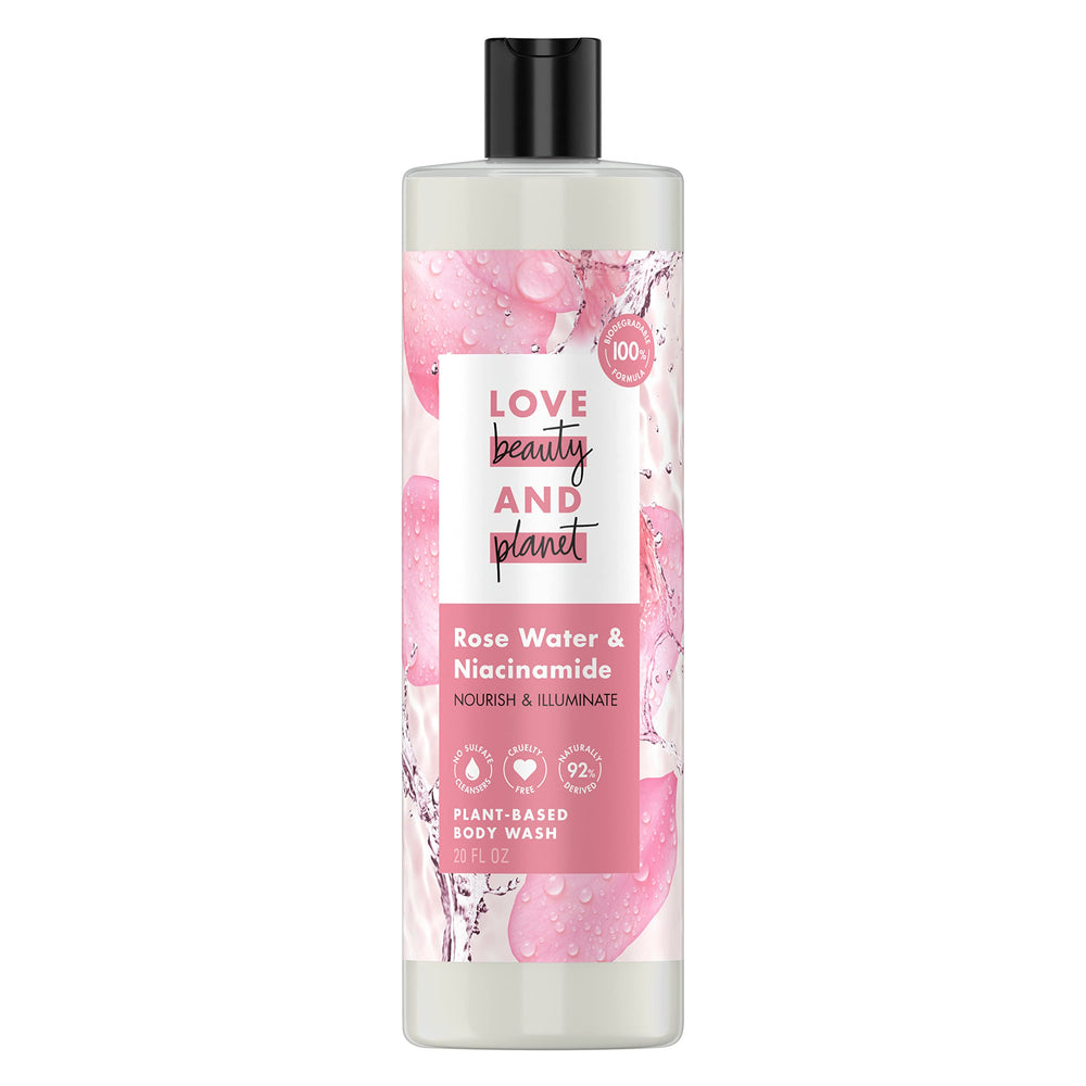 Love Beauty and Planet rose water niacinamide body wash bottle shows eco-friendly packaging for gentle cleansing