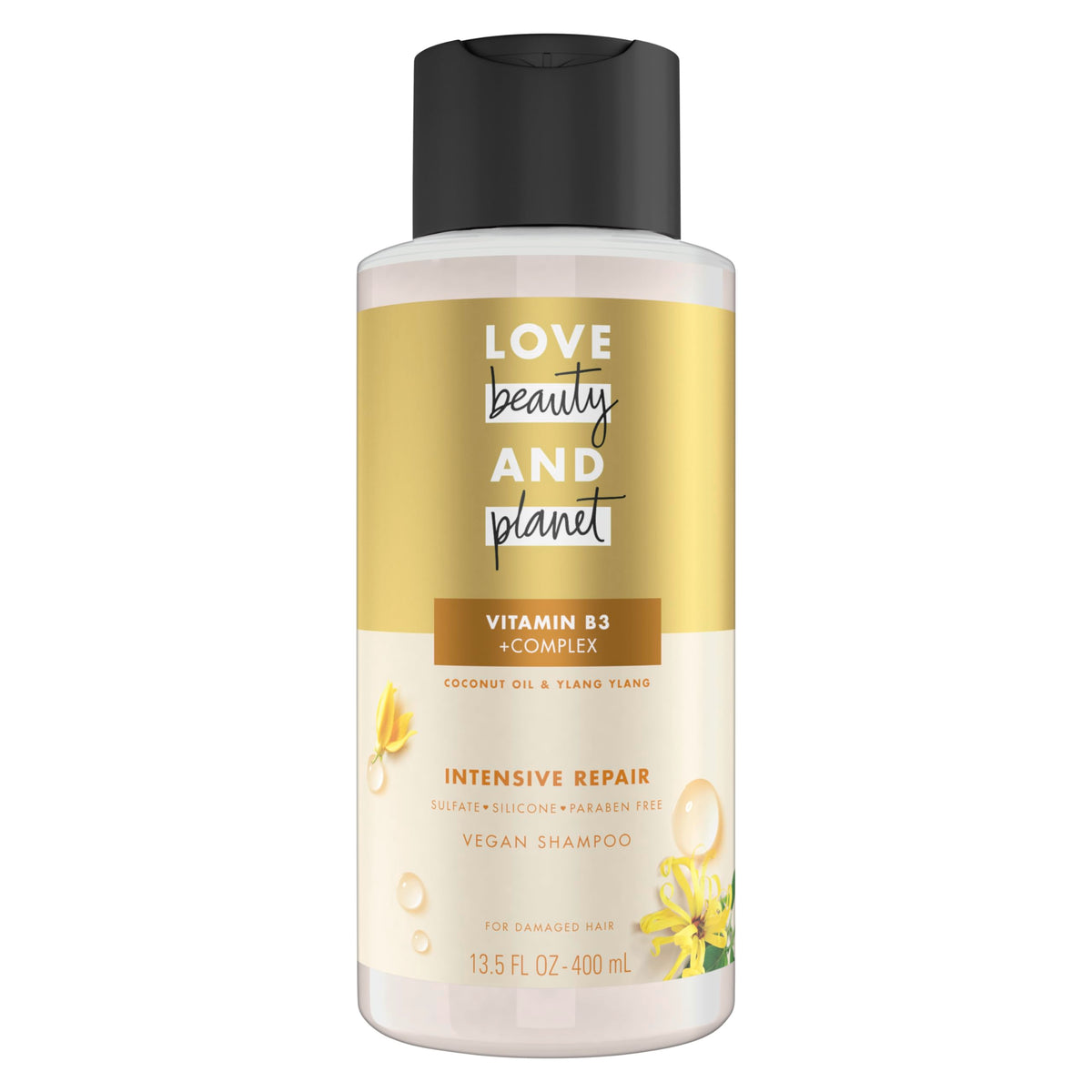 Love Beauty and Planet shampoo bottle front with coconut-ylang-ylang formula for repair.