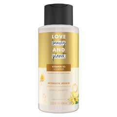 Love Beauty and Planet shampoo bottle front with coconut-ylang-ylang formula for repair.