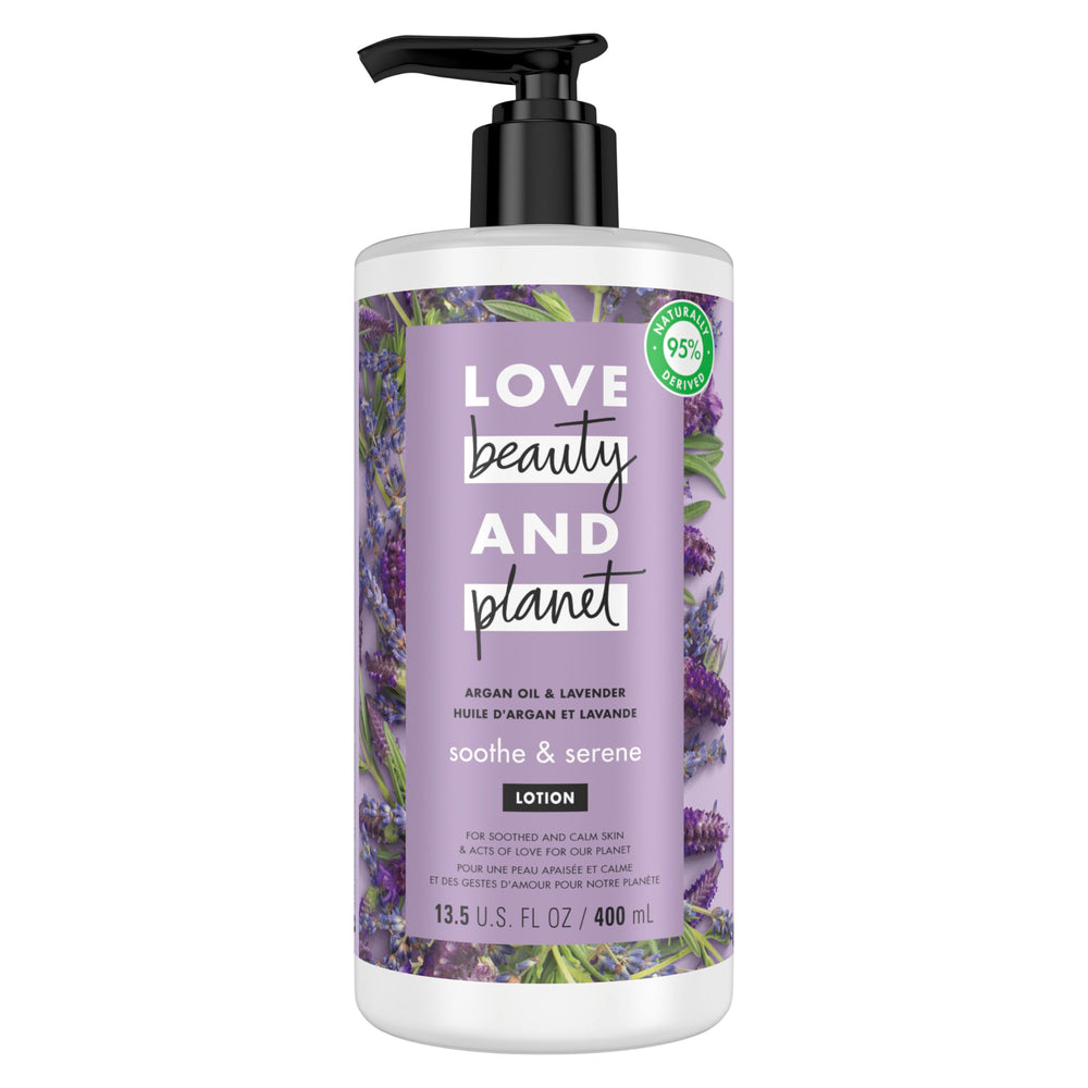 Love Beauty and Planet Soothe & Serene bottle with argan oil and lavender for calm skin.