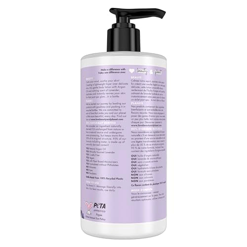 Love Beauty and Planet Soothe & Serene lotion pump during application for silky, hydrated skin.