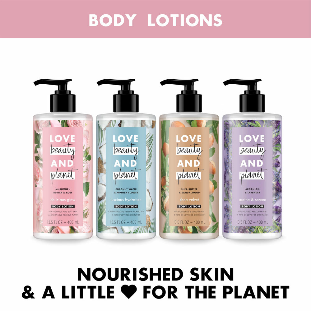 Love Beauty and Planet Soothe & Serene recycled bottle highlights eco-friendly packaging.
