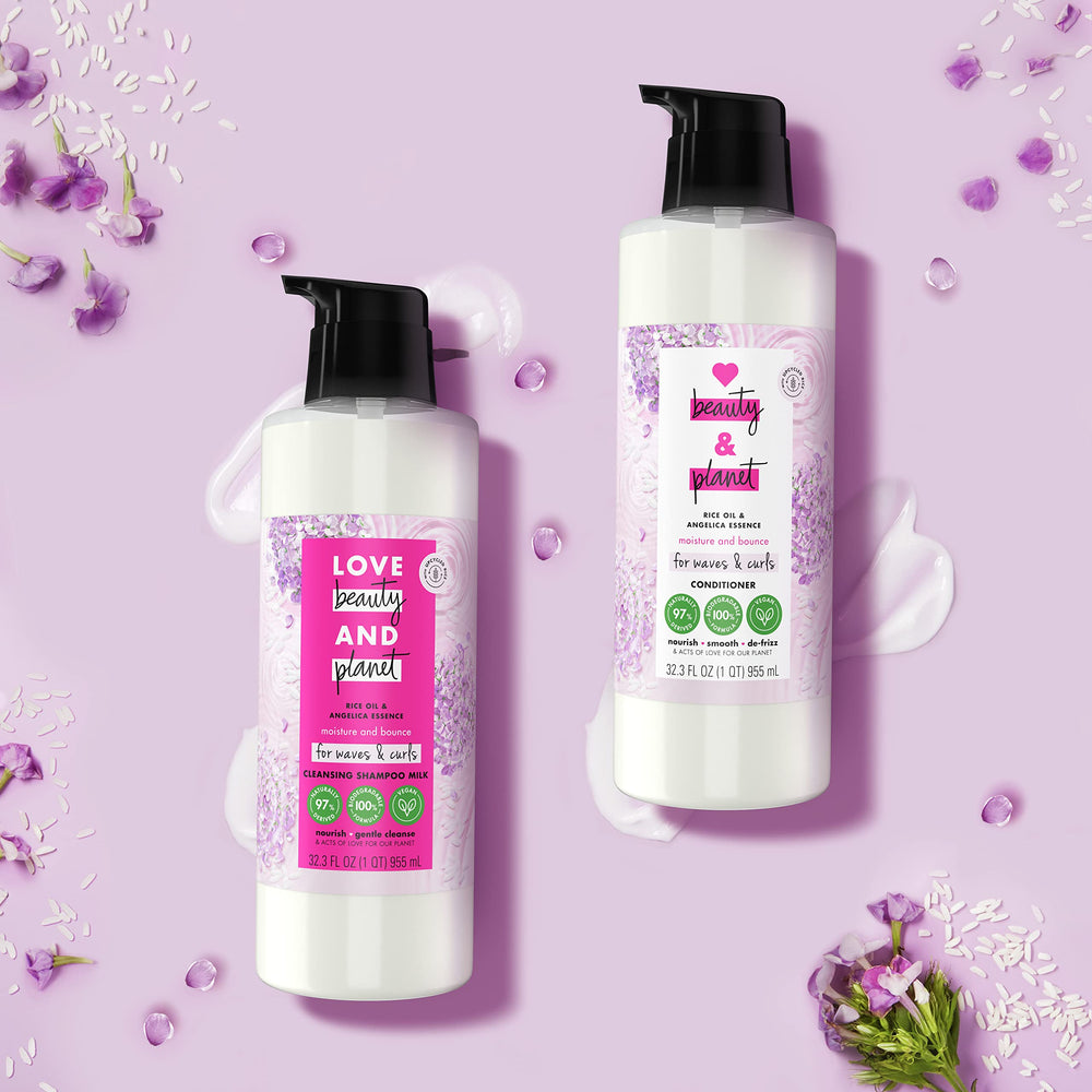 Love Beauty and Planet sulfate free label on bottle communicates a gentle cleansing formula.