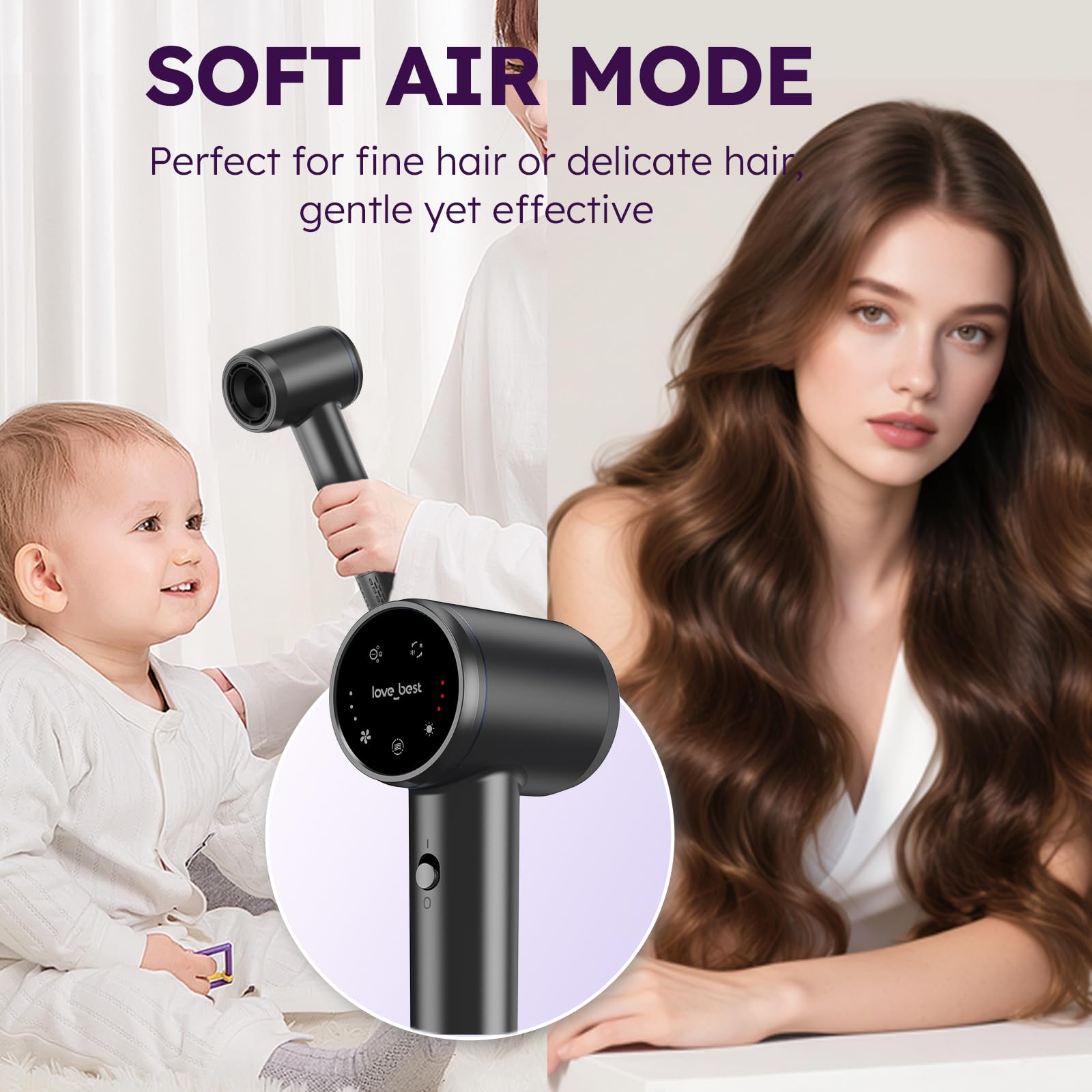 Love Best Hair Dryer soft wind mode offers gentle drying for kids and pets