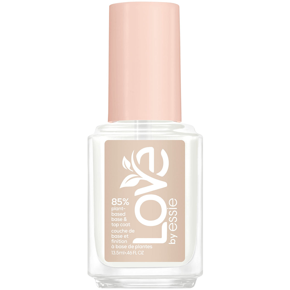 LOVE by essie: botella ligera y sostenible lista para base y top coat con brillo duradero.