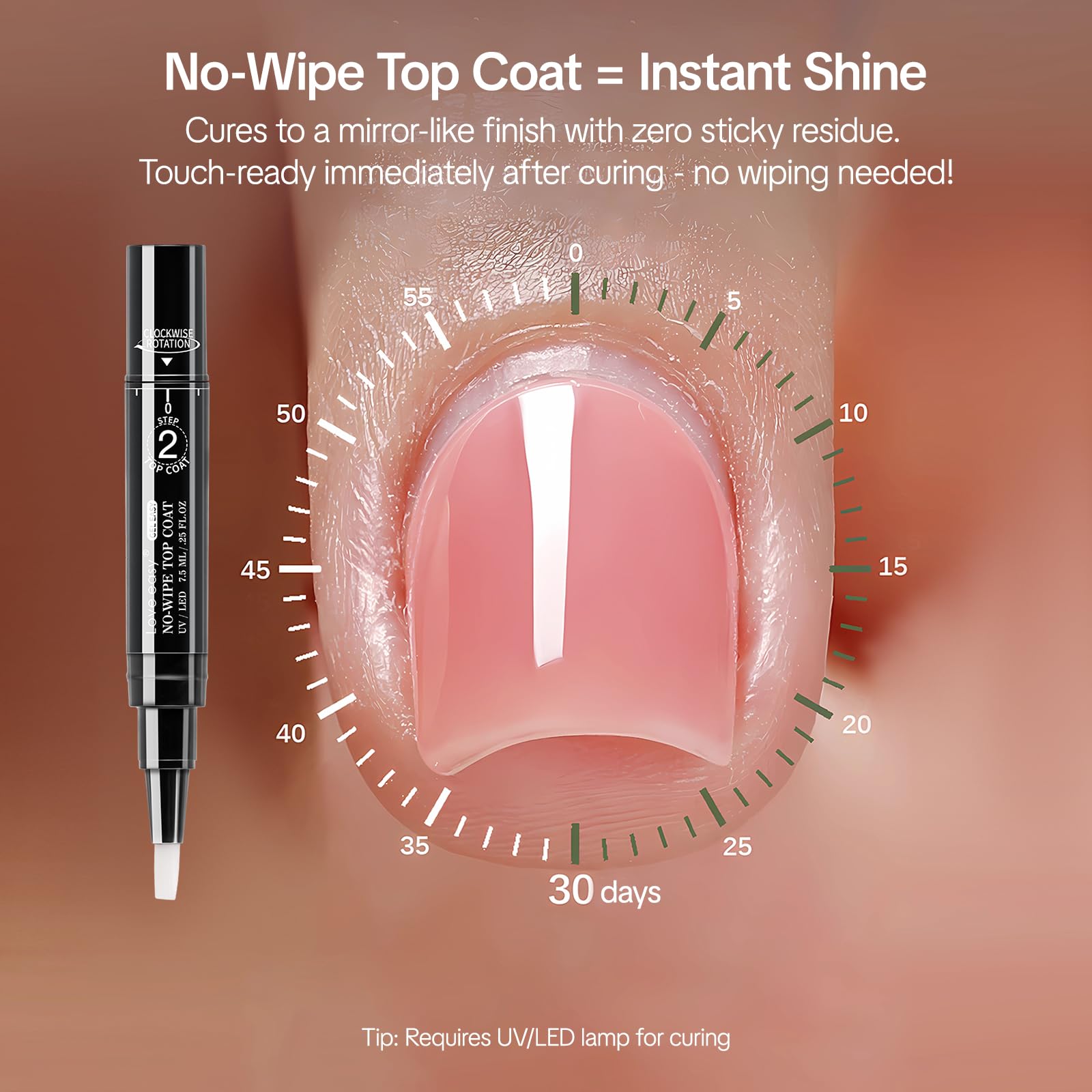 Love Easy no-wipe top coat for glossy, residue-free finish