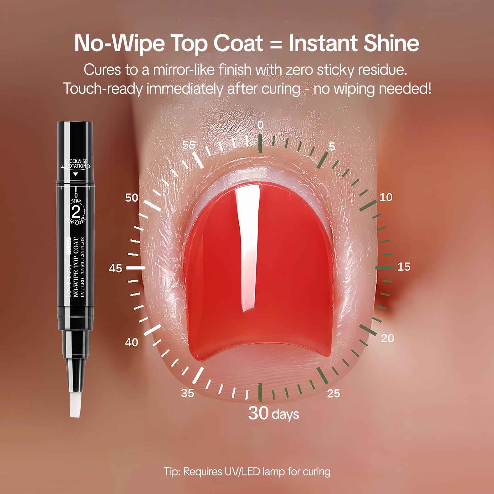 Love Easy no-wipe top coat delivering instant shine and quick dry results.