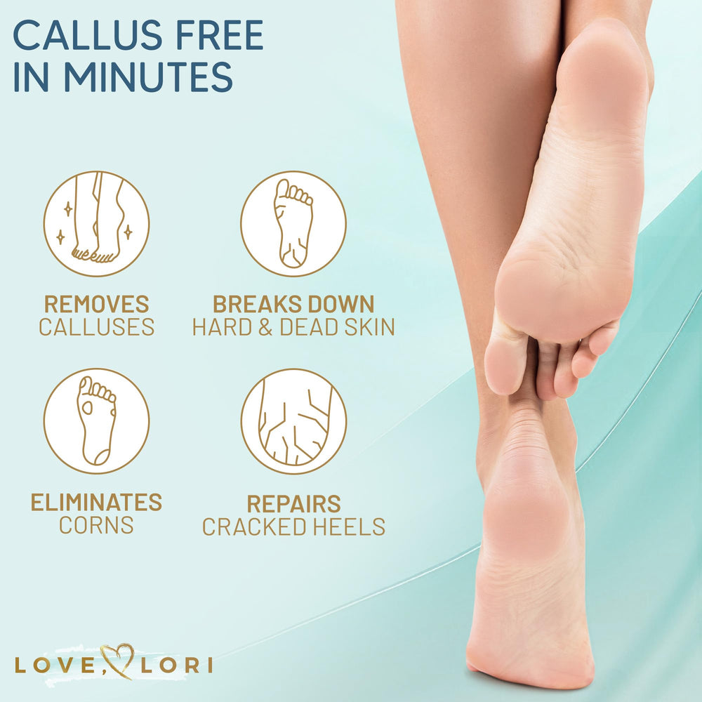 Love Lori gel being applied to heel showing easy at-home pedicure and immediate effect