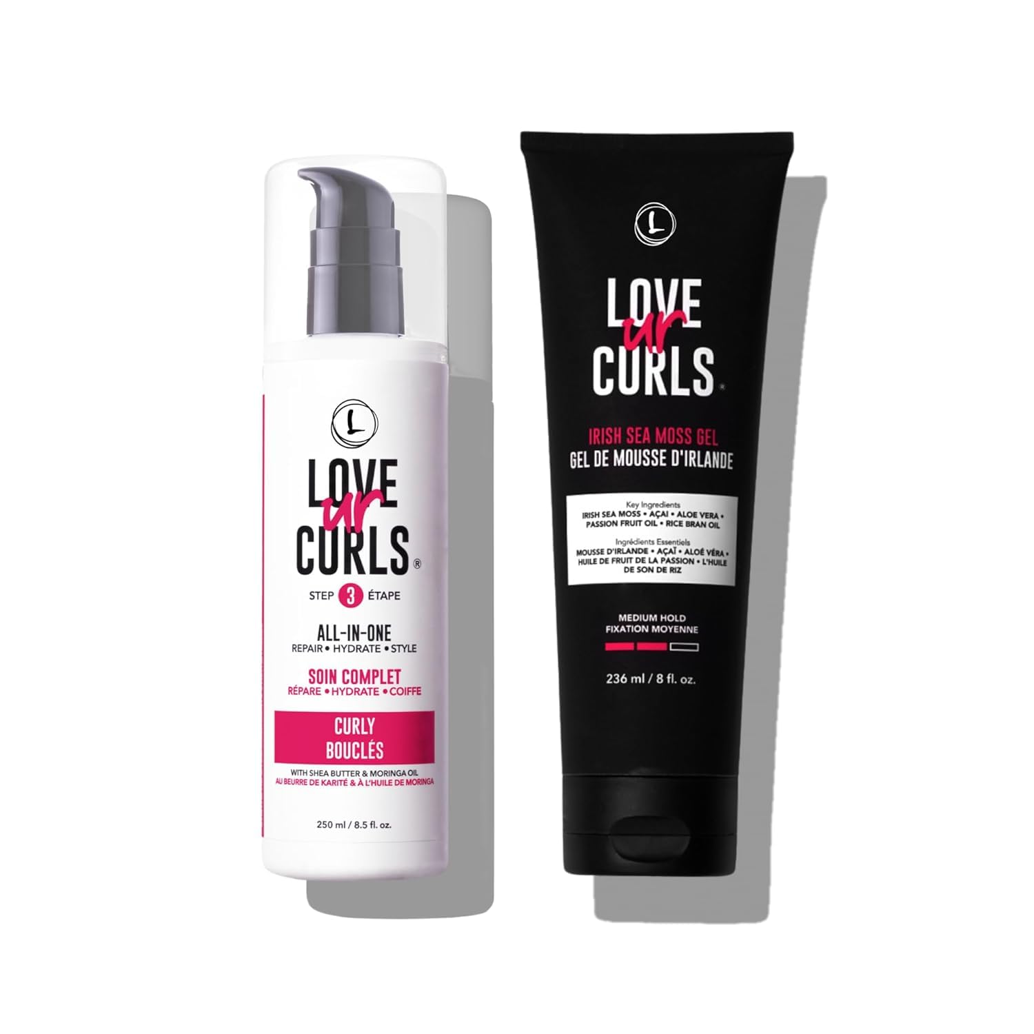 Love Ur Curls all-in-one curl cream bottle for defined, hydrated curls.