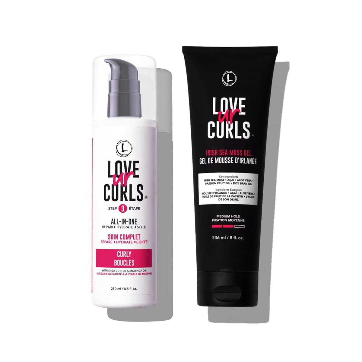 Love Ur Curls all-in-one curl cream bottle for defined, hydrated curls.
