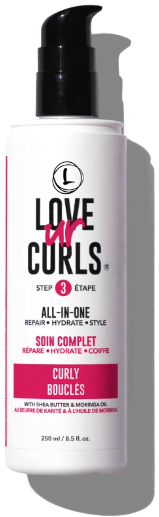 Love Ur Curls All in One Curl Cream Styler bottle front demonstrates defined, frizz-free curls.