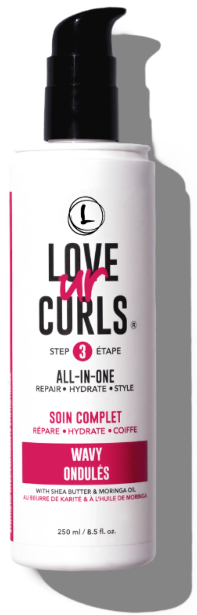 Love Ur Curls All-in-One Styler bottle close-up highlights hydrating, frizz-control formula.