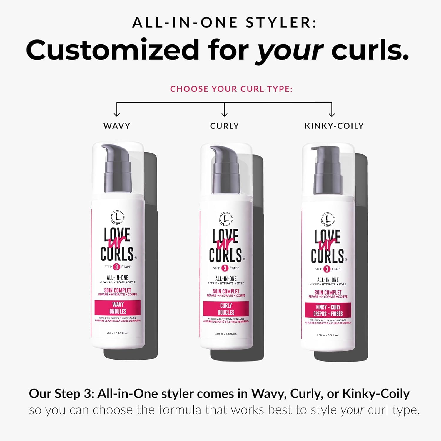 Love Ur Curls bottle with cream dispensing for easy styling.
