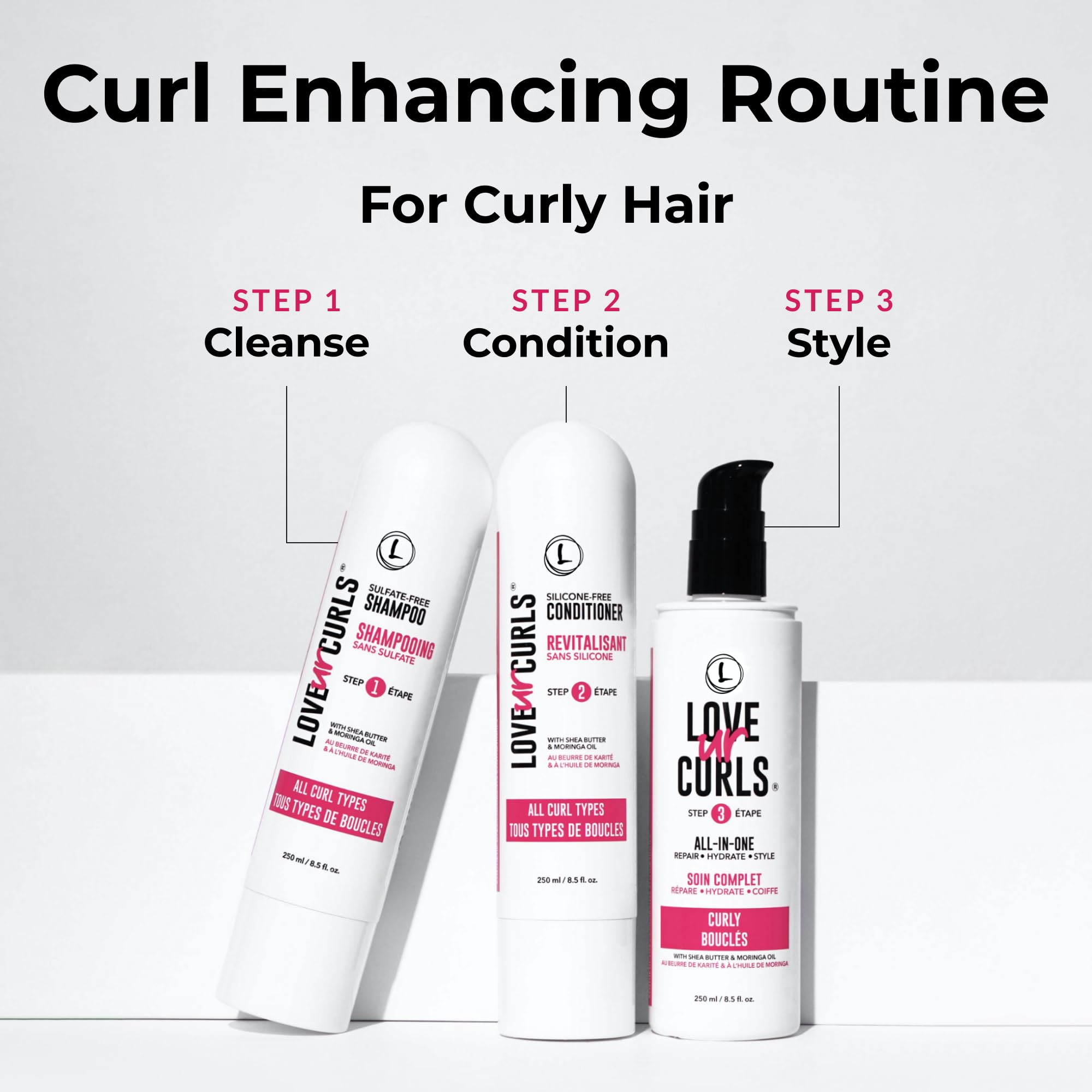 Love Ur Curls conditioner bottle dispense highlights detangling hydration for soft defined curls.