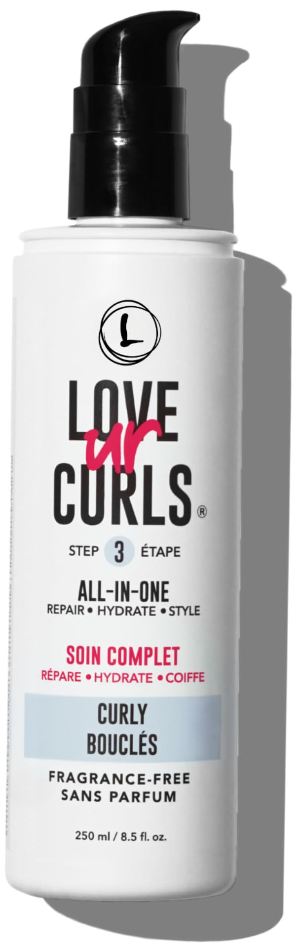 Love Ur Curls fragrance-free all-in-one curl cream bottle defines hydrated curls
