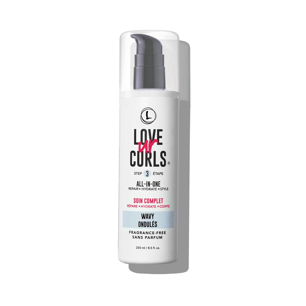 Love Ur Curls fragrance-free all-in-one styler bottle front delivering fragrance-free hydration for curly hair