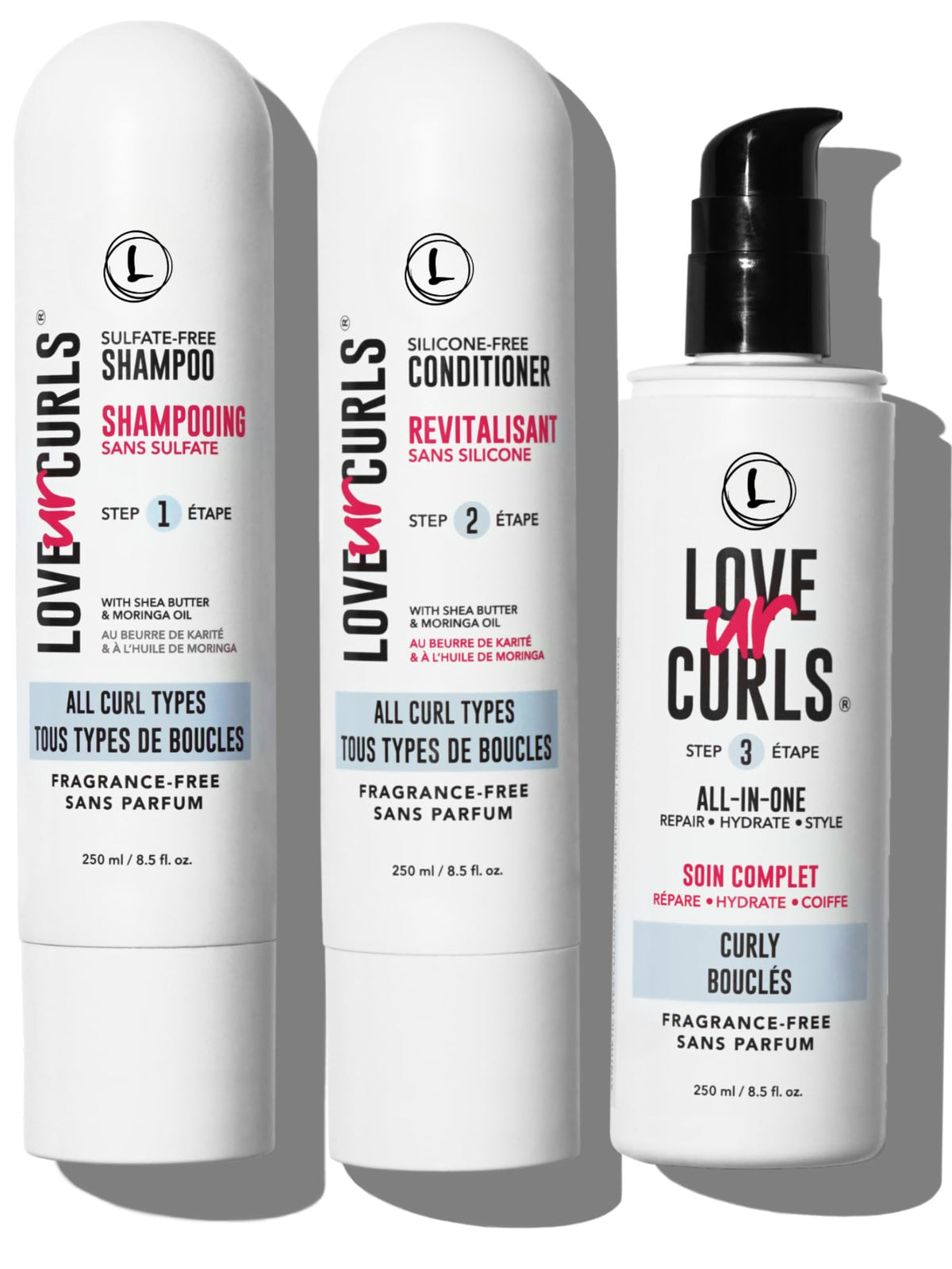 Love Ur Curls fragrance-free shampoo bottle for gentle cleansing and hydration.