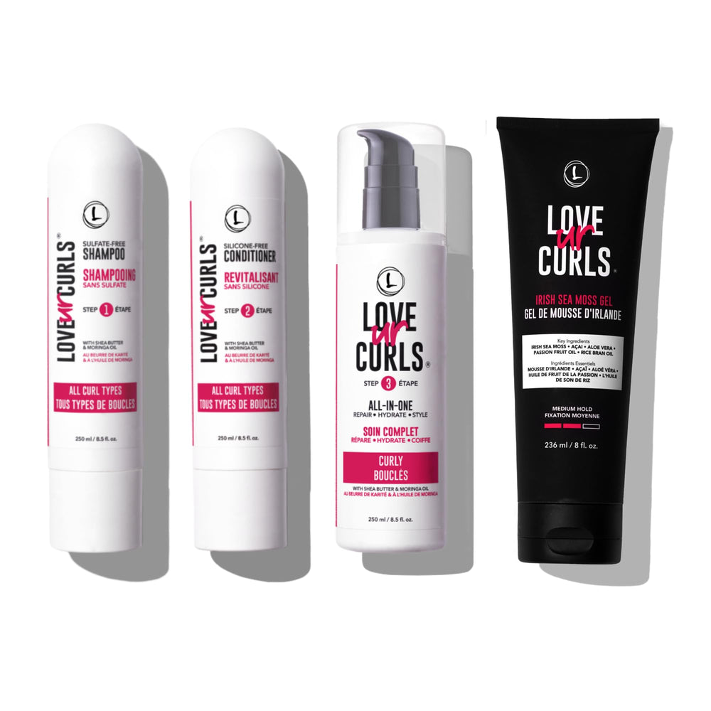 Love Ur Curls gentle moisturizing shampoo bottle shows defined curls and frizz control.