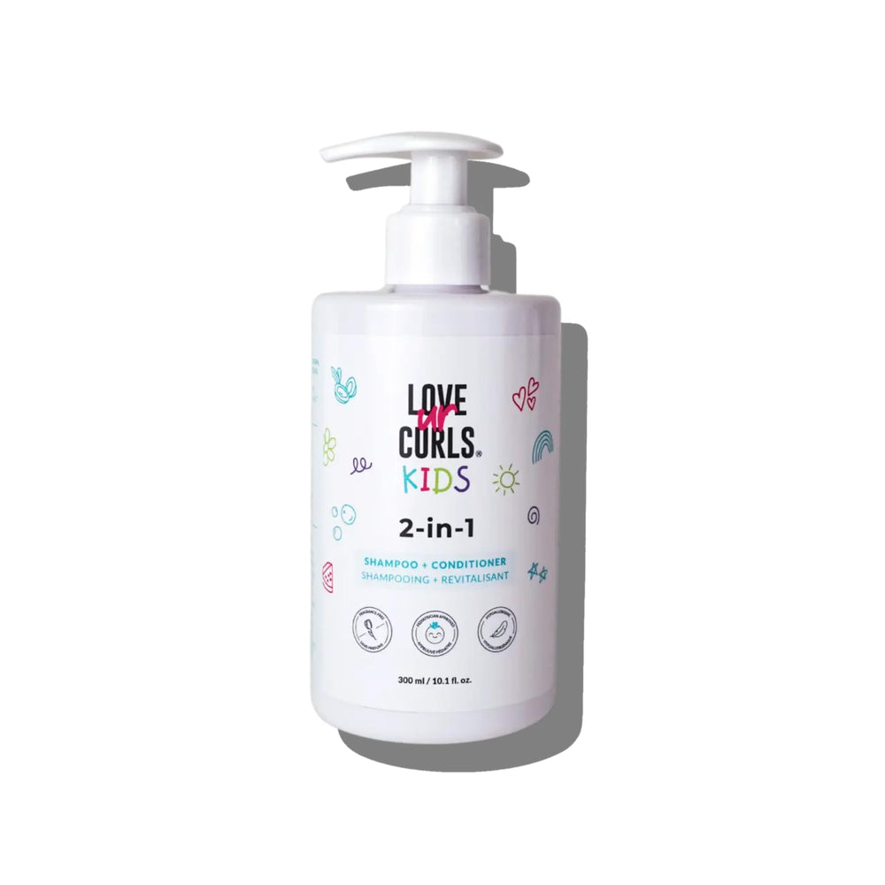 Love Ur Curls Kids LUCK 2in1 bottle shows gentle cleanse for delicate curls.
