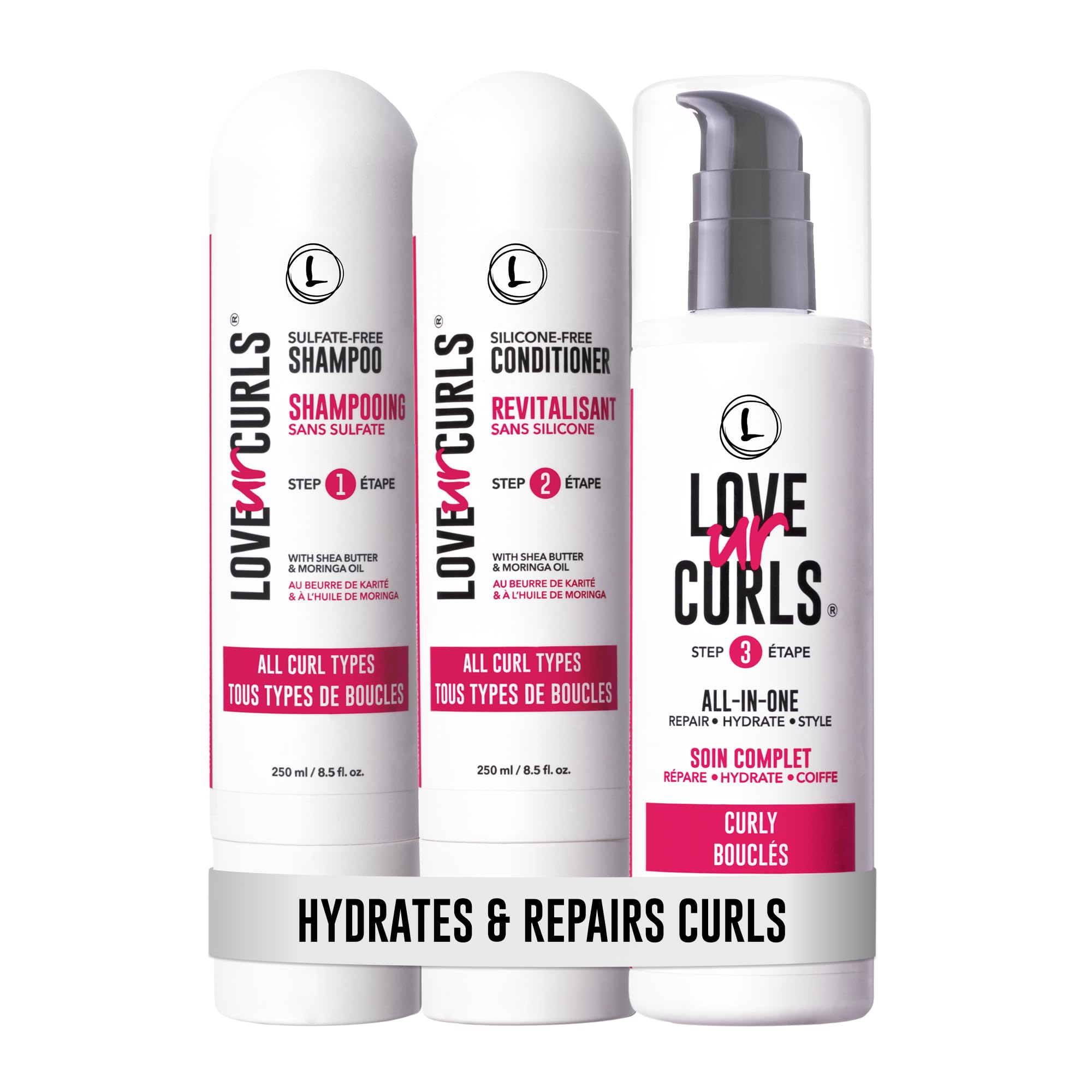Love Ur Curls shampoo bottle pour demonstrates gentle cleansing for curly hair.