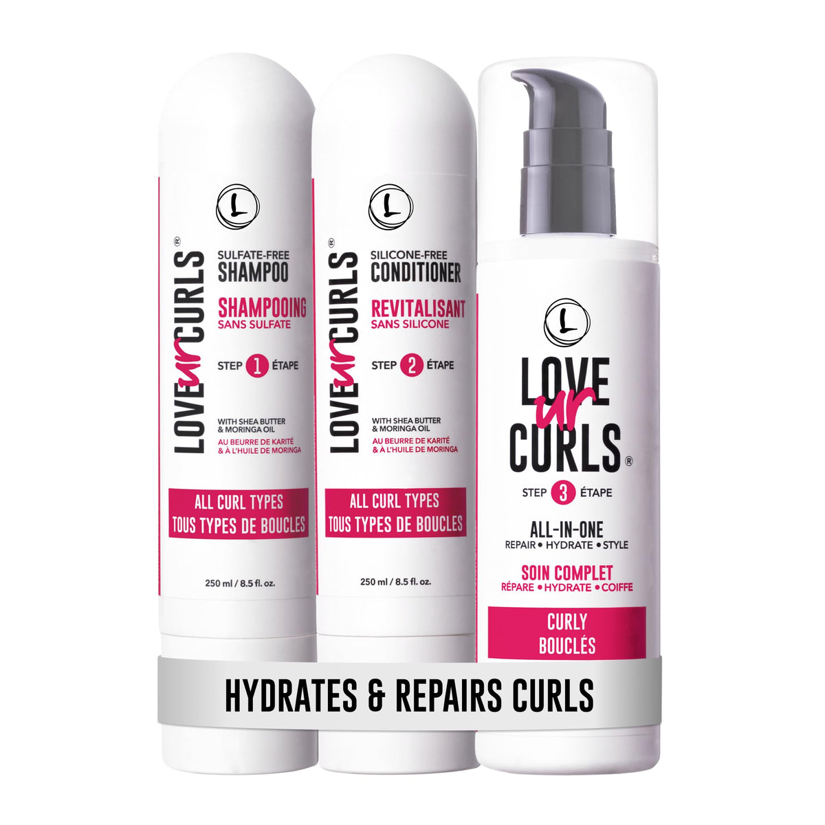 Love Ur Curls shampoo bottle pour demonstrates gentle cleansing for curly hair.