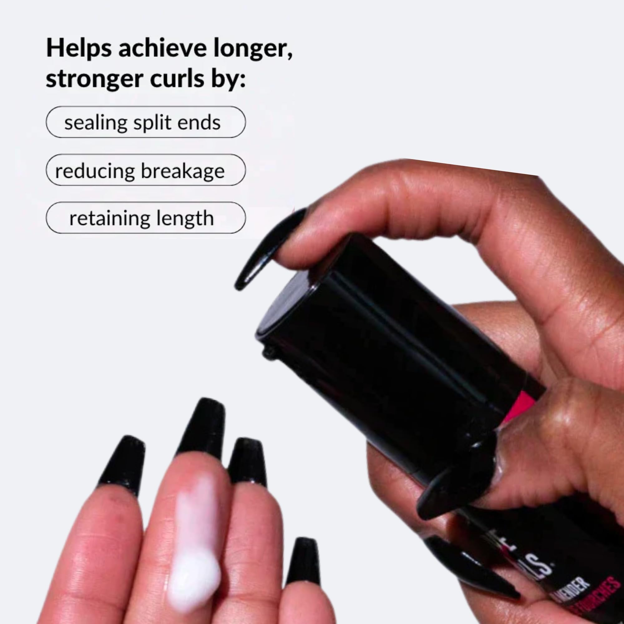 Love Ur Curls Split End Mender application close-up, showing smooth, frizz control in action.