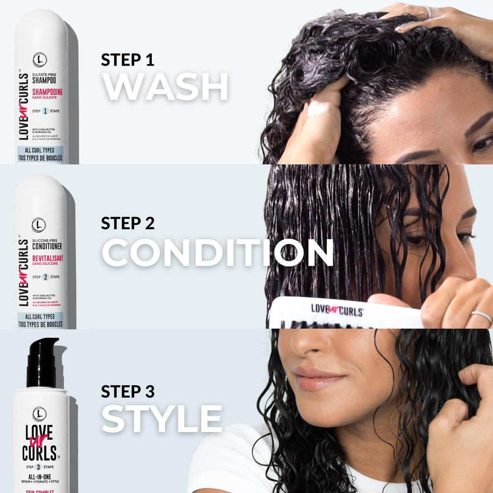 Love Ur Curls three-step system graphic illustrating easy curl care routine.