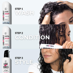 Love Ur Curls three-step system graphic illustrating easy curl care routine.