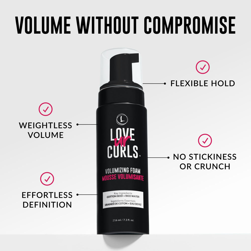 Love Ur Curls Volumizing Foam curls-define image shows root lift and bouncy texture